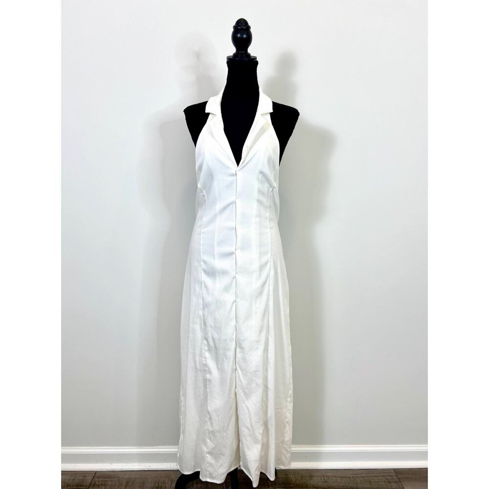 SNDYS Button Down Midi Dress in White Size XXL Halter Backless Lined Slit Front